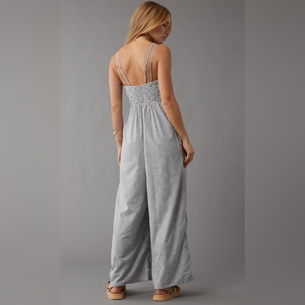 American Eagle Black Striped High Neck Smocked Jumpsuit S - Picture 8 of 17